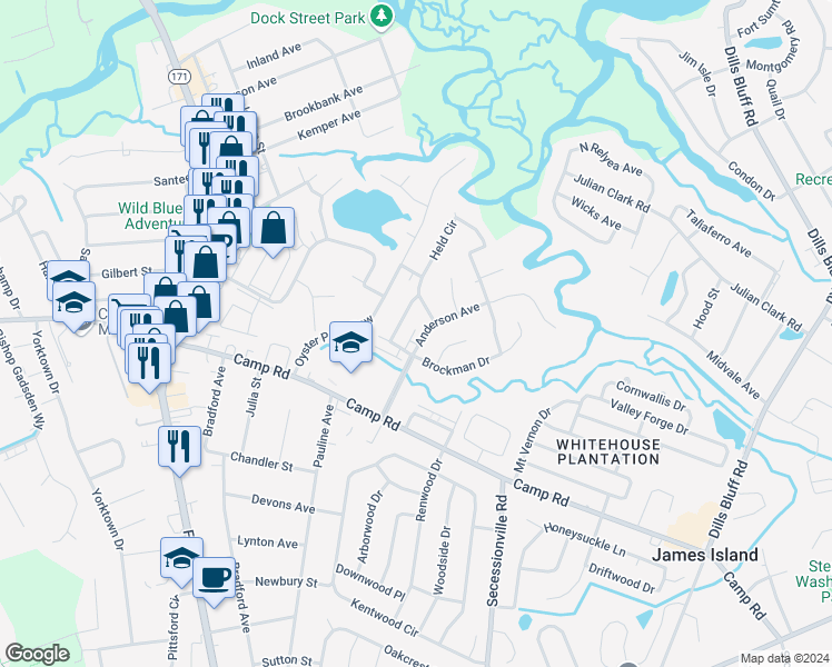 map of restaurants, bars, coffee shops, grocery stores, and more near 10 Anderson Avenue in Charleston