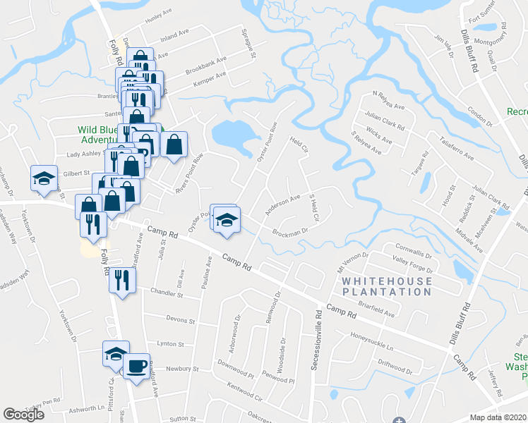 map of restaurants, bars, coffee shops, grocery stores, and more near 10 Anderson Avenue in Charleston