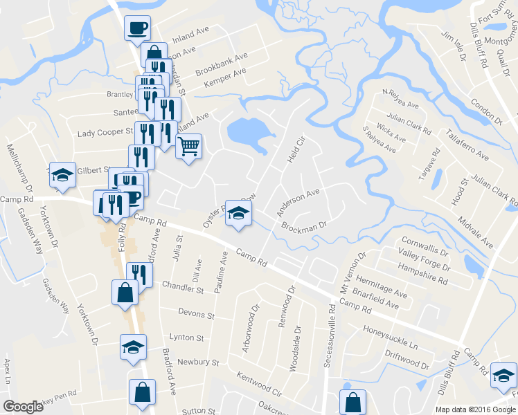 map of restaurants, bars, coffee shops, grocery stores, and more near 1422 Brockman Circle in Charleston
