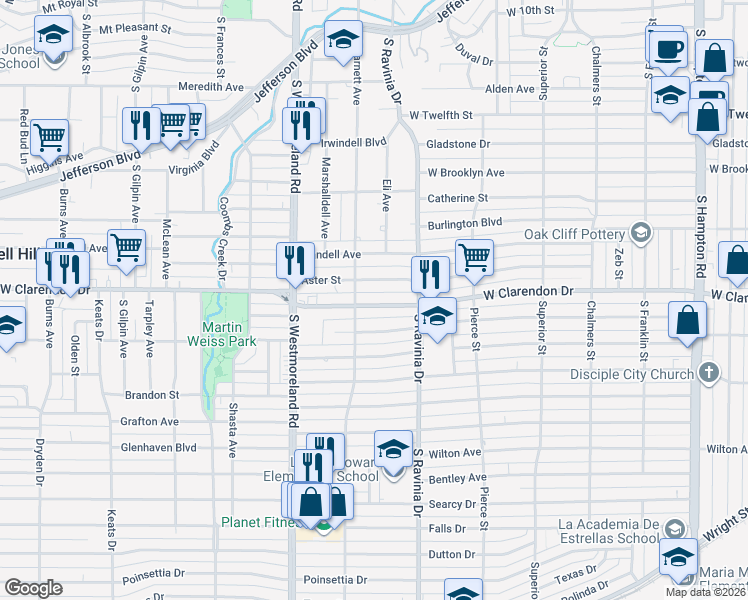 map of restaurants, bars, coffee shops, grocery stores, and more near 3031 West Clarendon Drive in Dallas