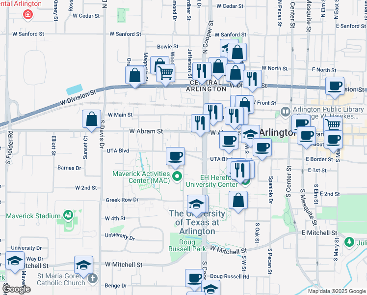 map of restaurants, bars, coffee shops, grocery stores, and more near 715 Border Place in Arlington