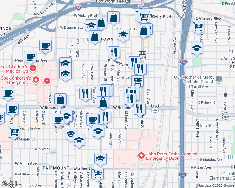 map of restaurants, bars, coffee shops, grocery stores, and more near 1015 South Jennings Avenue in Fort Worth