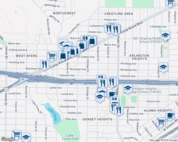 map of restaurants, bars, coffee shops, grocery stores, and more near 4905 Birchman Avenue in Fort Worth