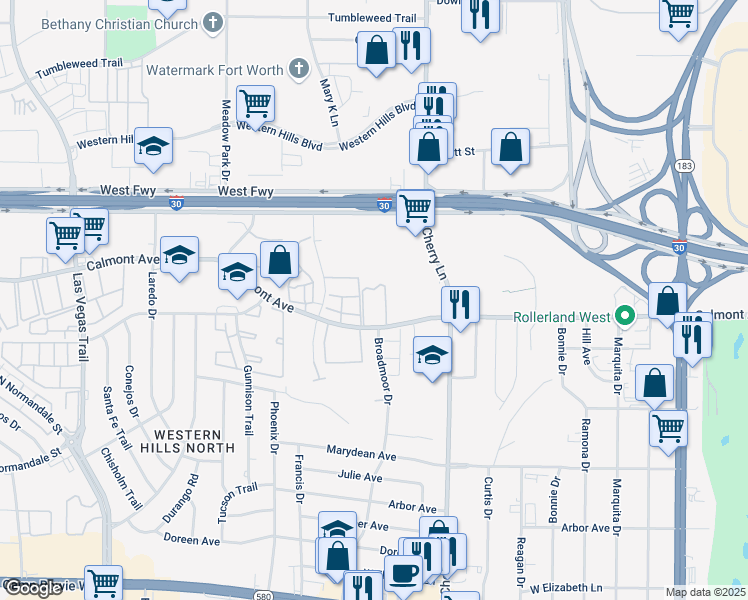 map of restaurants, bars, coffee shops, grocery stores, and more near 8000 Calmont Avenue in Fort Worth
