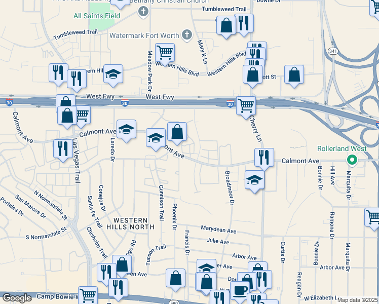 map of restaurants, bars, coffee shops, grocery stores, and more near 2725 Haystack Boulevard in Fort Worth