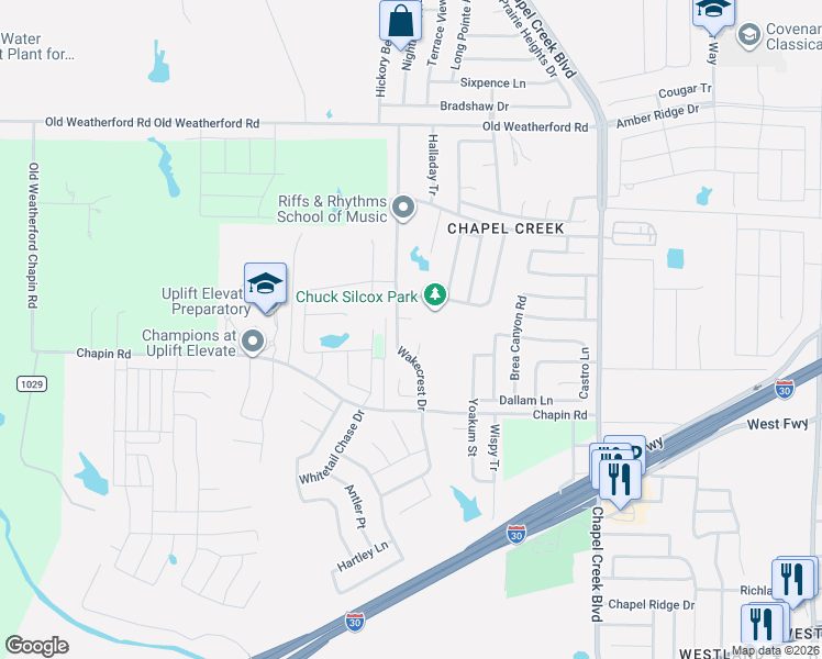 map of restaurants, bars, coffee shops, grocery stores, and more near 2701 Wildridge Court in Fort Worth