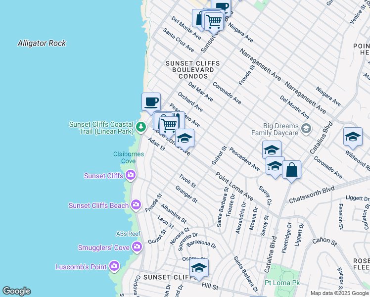 map of restaurants, bars, coffee shops, grocery stores, and more near 4630 Point Loma Avenue in San Diego