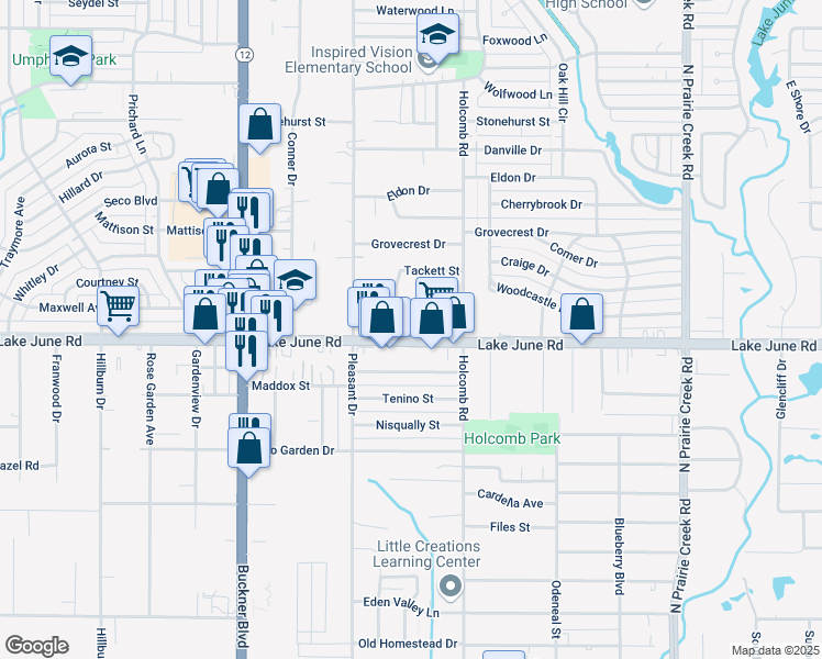 map of restaurants, bars, coffee shops, grocery stores, and more near 8341 Lake June Road in Dallas