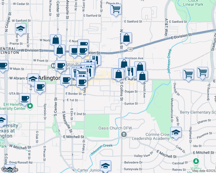 map of restaurants, bars, coffee shops, grocery stores, and more near 710 East South Street in Arlington