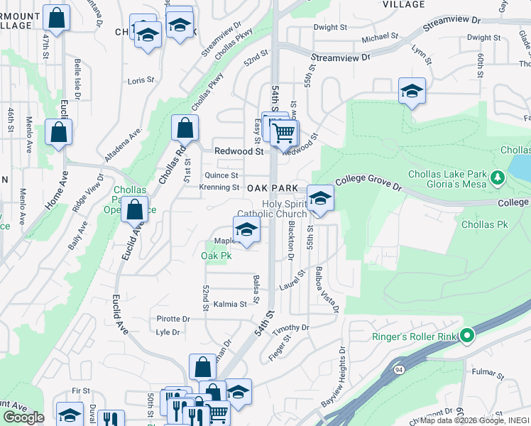 map of restaurants, bars, coffee shops, grocery stores, and more near 5359 Caminito Mindy in San Diego
