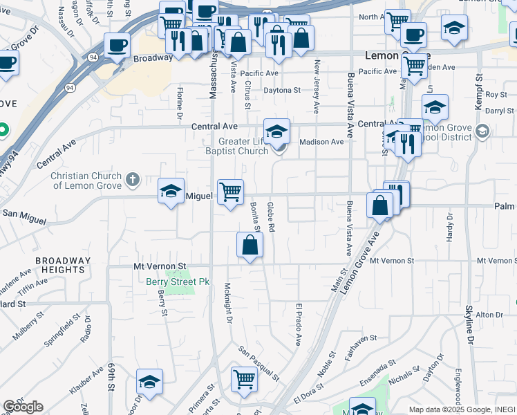 map of restaurants, bars, coffee shops, grocery stores, and more near 2642 Bonita Street in Lemon Grove