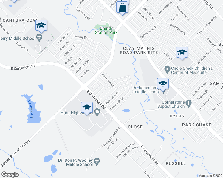 map of restaurants, bars, coffee shops, grocery stores, and more near 2501 Waterloo Lane in Mesquite