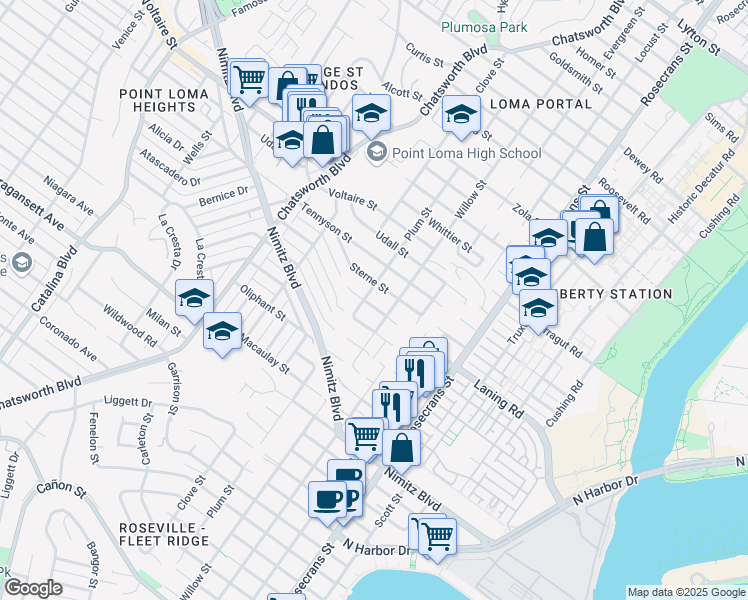 map of restaurants, bars, coffee shops, grocery stores, and more near 3336 Russell Street in San Diego