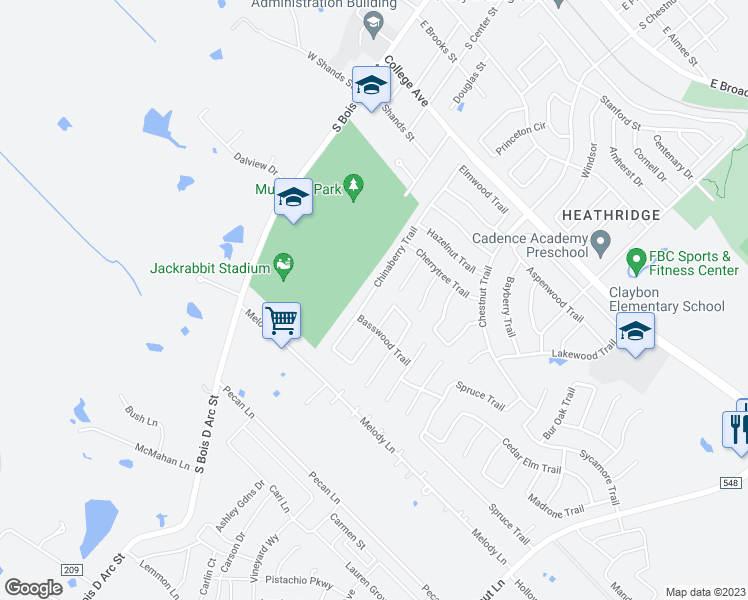 map of restaurants, bars, coffee shops, grocery stores, and more near 307 Chinaberry Trail in Forney