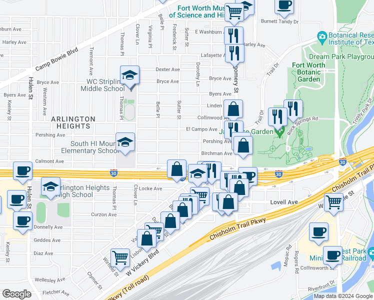 map of restaurants, bars, coffee shops, grocery stores, and more near 3824 Birchman Avenue in Fort Worth