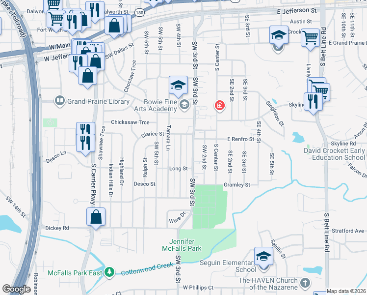 map of restaurants, bars, coffee shops, grocery stores, and more near 921 Southwest 4th Street in Grand Prairie