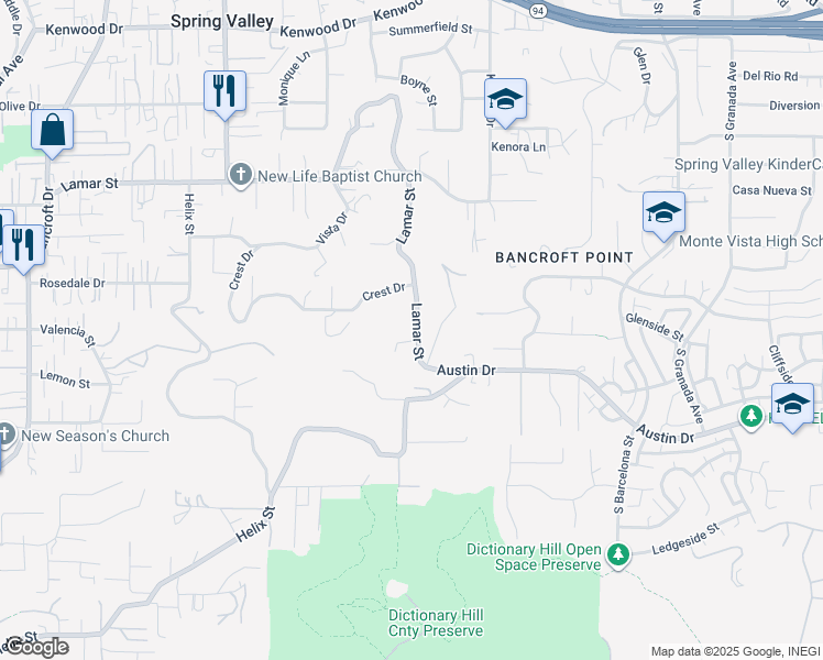 map of restaurants, bars, coffee shops, grocery stores, and more near 9645 Lamar Street in Spring Valley