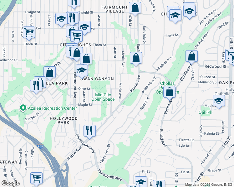 map of restaurants, bars, coffee shops, grocery stores, and more near 2742 Menlo Avenue in San Diego
