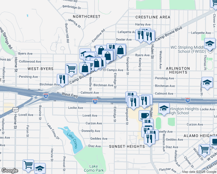 map of restaurants, bars, coffee shops, grocery stores, and more near 4919 Birchman Avenue in Fort Worth