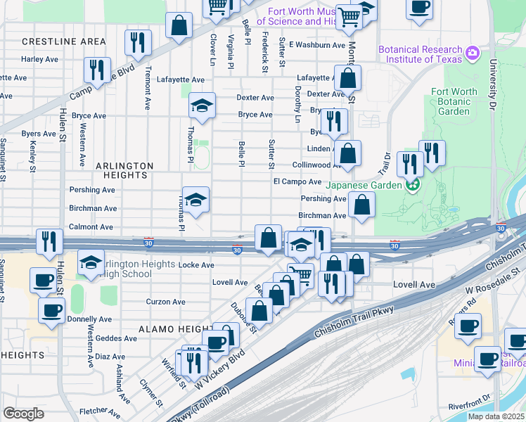 map of restaurants, bars, coffee shops, grocery stores, and more near 3908 Birchman Avenue in Fort Worth