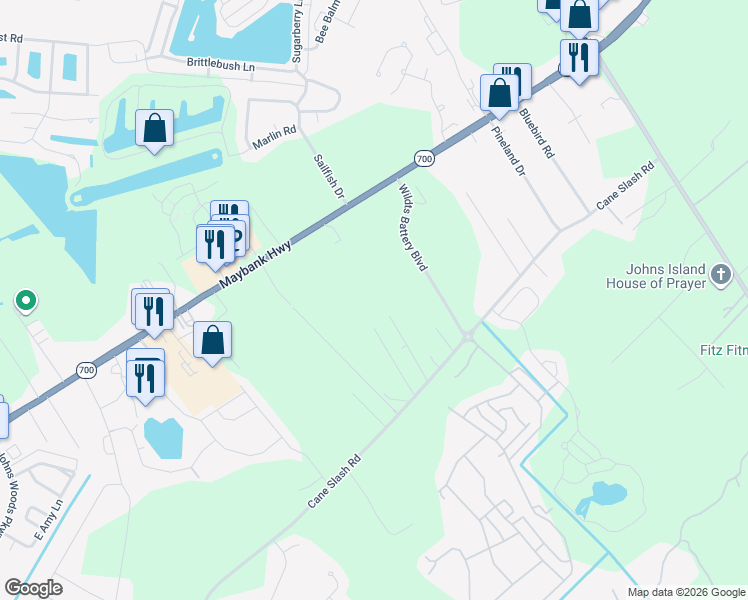 map of restaurants, bars, coffee shops, grocery stores, and more near 3021 Maybank Highway in Johns Island