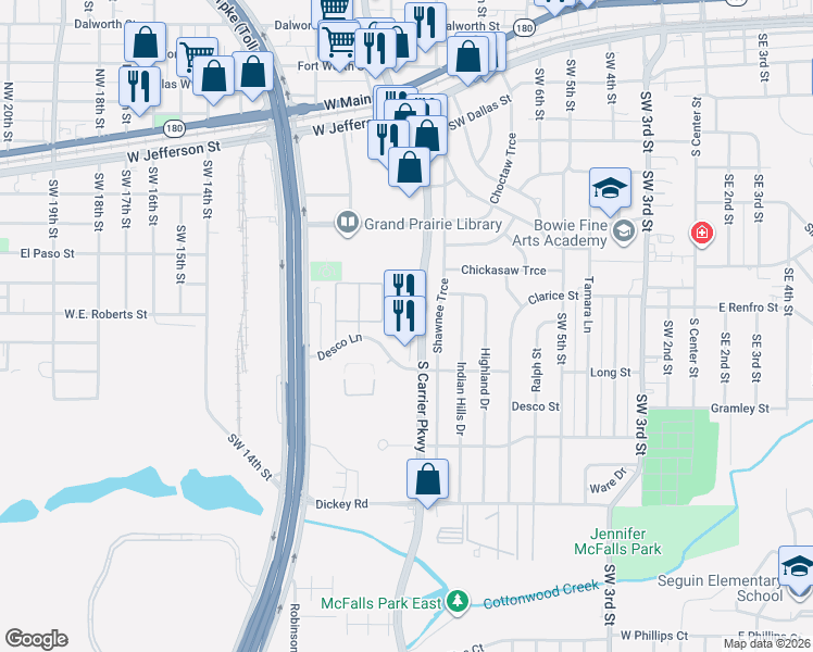 map of restaurants, bars, coffee shops, grocery stores, and more near 844 South Carrier Parkway in Grand Prairie