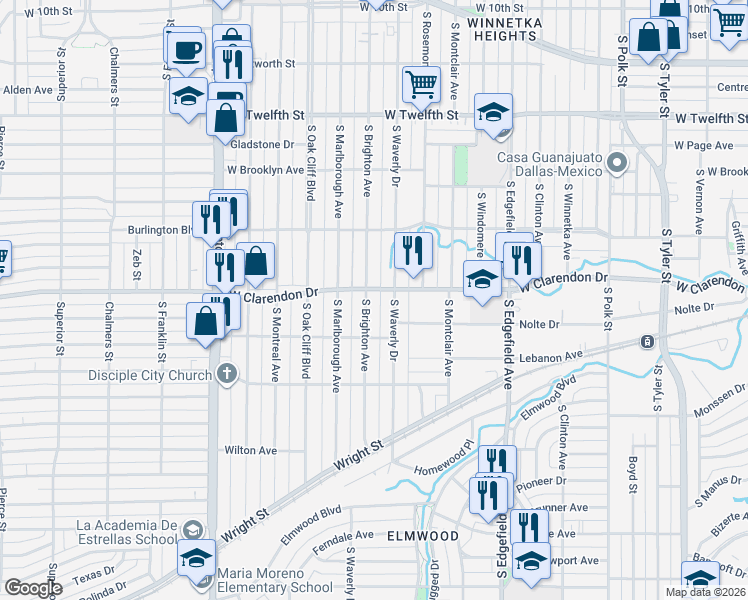 map of restaurants, bars, coffee shops, grocery stores, and more near 1108 South Brighton Avenue in Dallas