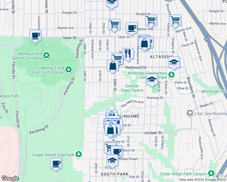 map of restaurants, bars, coffee shops, grocery stores, and more near 2748 30th Street in San Diego