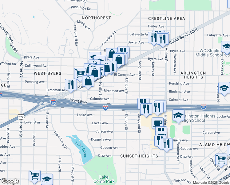 map of restaurants, bars, coffee shops, grocery stores, and more near 4937 Birchman Avenue in Fort Worth