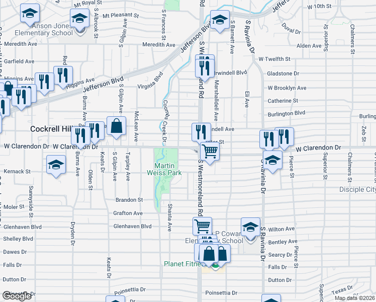 map of restaurants, bars, coffee shops, grocery stores, and more near 3340 West Clarendon Drive in Dallas