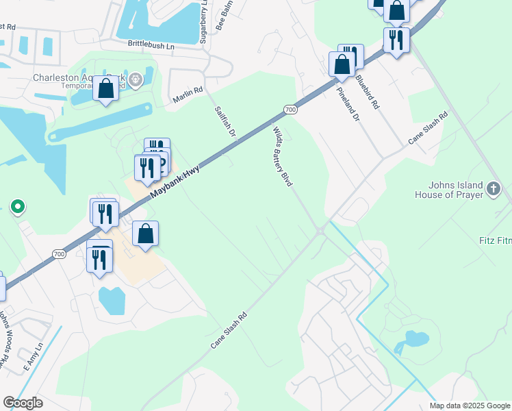 map of restaurants, bars, coffee shops, grocery stores, and more near 3021 Maybank Highway in Johns Island