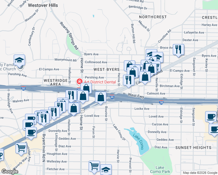 map of restaurants, bars, coffee shops, grocery stores, and more near 5429 Birchman Avenue in Fort Worth