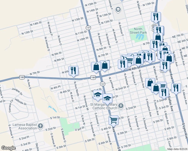 map of restaurants, bars, coffee shops, grocery stores, and more near 1132-1298 U.S. 180 in Lamesa