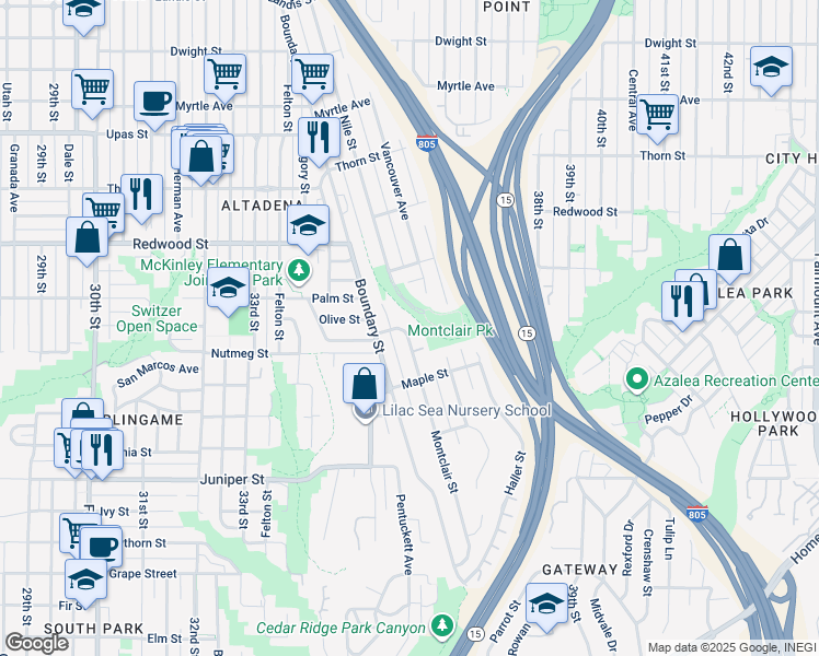map of restaurants, bars, coffee shops, grocery stores, and more near 2685 Montclair Street in San Diego