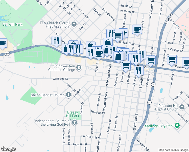 map of restaurants, bars, coffee shops, grocery stores, and more near 109 West End Street in Terrell