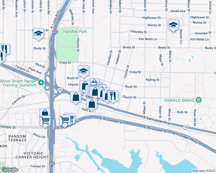 map of restaurants, bars, coffee shops, grocery stores, and more near 3012 Halbert Street in Fort Worth