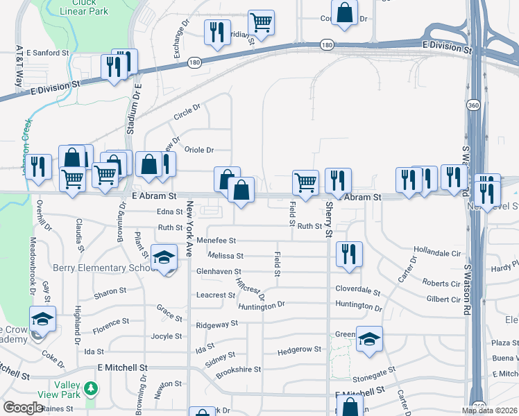 map of restaurants, bars, coffee shops, grocery stores, and more near 2018 East Abram Street in Arlington