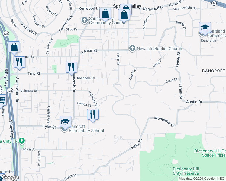 map of restaurants, bars, coffee shops, grocery stores, and more near 2850 Helix Street in Spring Valley