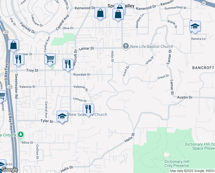 map of restaurants, bars, coffee shops, grocery stores, and more near 2840 Helix Street in Spring Valley