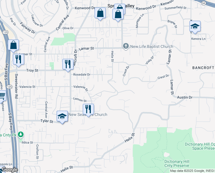 map of restaurants, bars, coffee shops, grocery stores, and more near 2840 Helix Street in Spring Valley