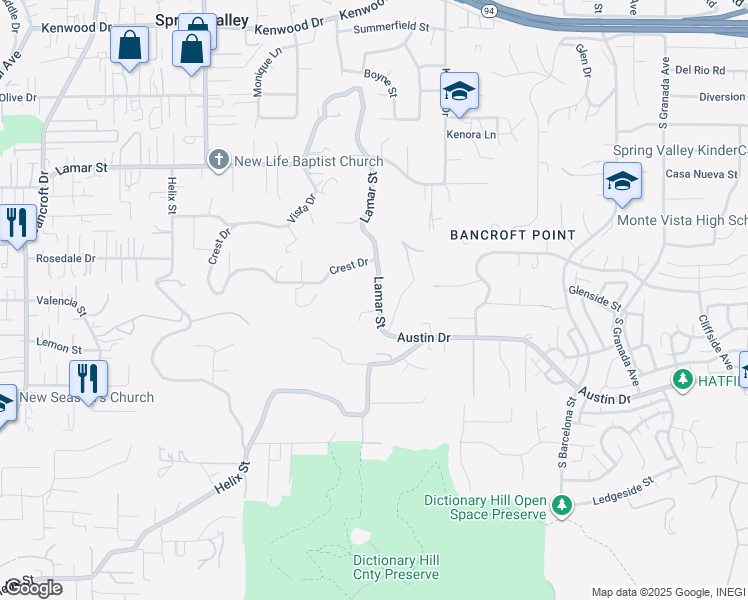 map of restaurants, bars, coffee shops, grocery stores, and more near 9645 Lamar Street in Spring Valley