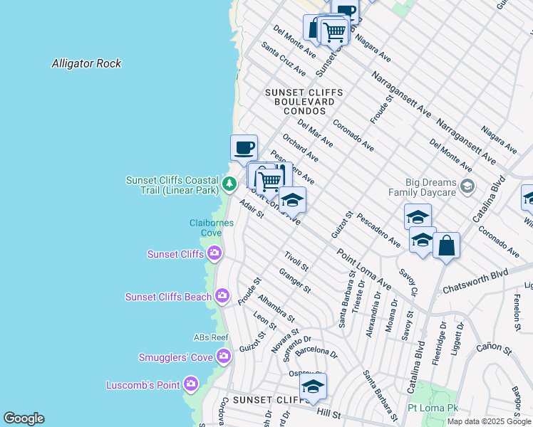 map of restaurants, bars, coffee shops, grocery stores, and more near 4672 Adair St in San Diego