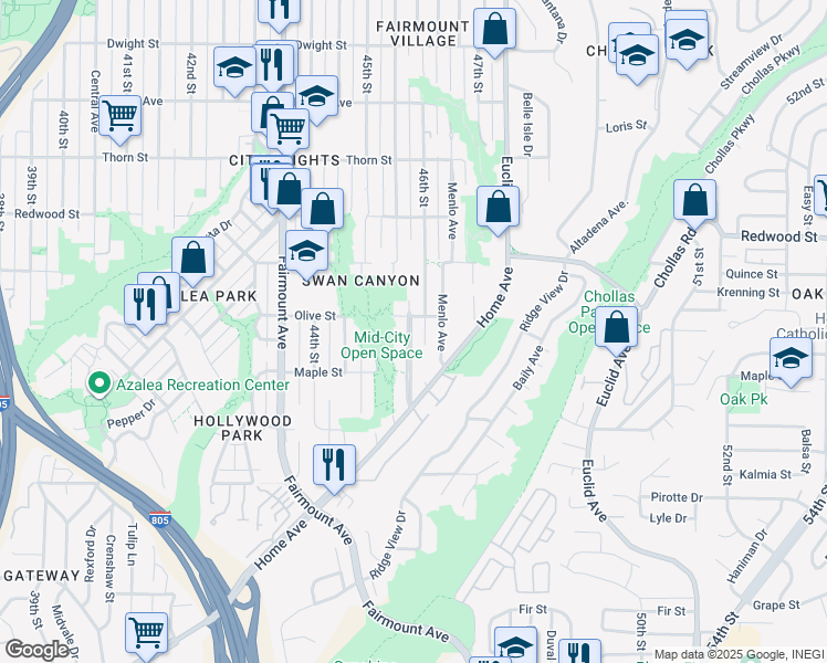 map of restaurants, bars, coffee shops, grocery stores, and more near 2719 46th Street in San Diego