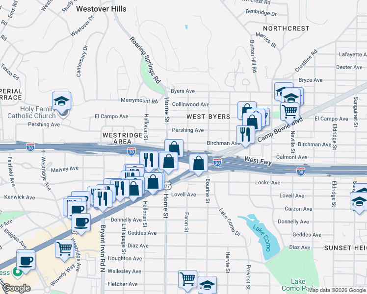 map of restaurants, bars, coffee shops, grocery stores, and more near 5601 Birchman Avenue in Fort Worth