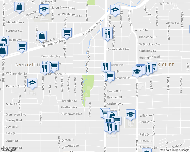map of restaurants, bars, coffee shops, grocery stores, and more near 3340 West Clarendon Drive in Dallas