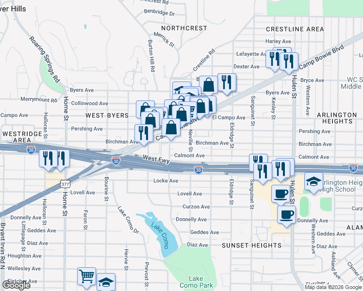 map of restaurants, bars, coffee shops, grocery stores, and more near 5117 Birchman Avenue in Fort Worth