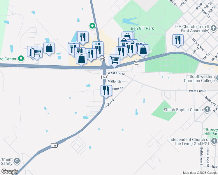 map of restaurants, bars, coffee shops, grocery stores, and more near 120 Williams Street in Terrell