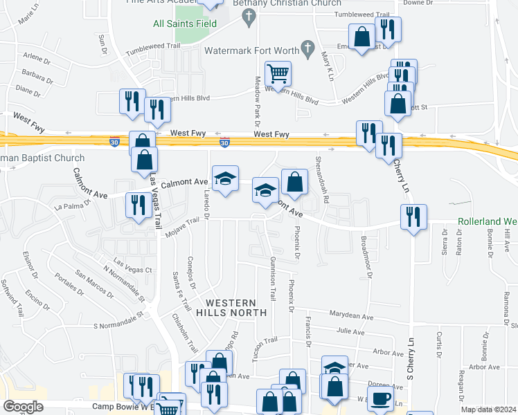 map of restaurants, bars, coffee shops, grocery stores, and more near 8300 Mojave Trail in Fort Worth
