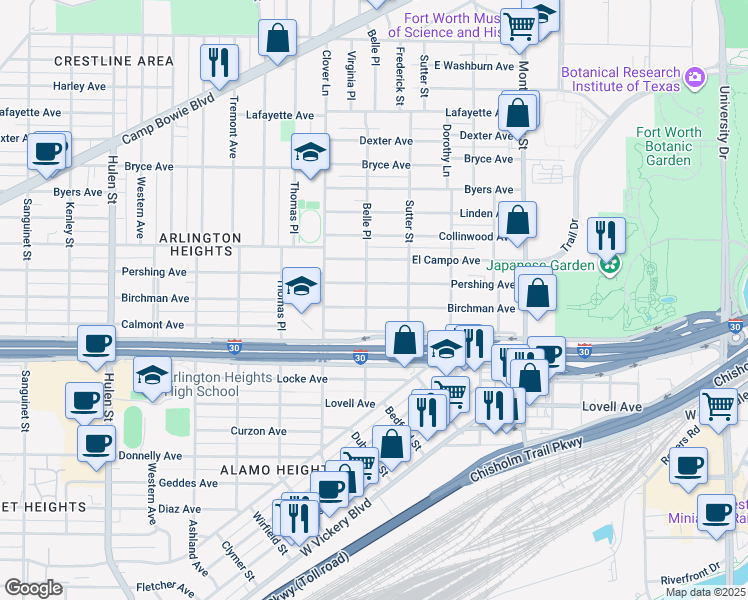 map of restaurants, bars, coffee shops, grocery stores, and more near 4000 Birchman Avenue in Fort Worth