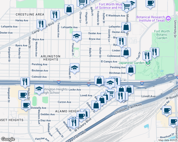map of restaurants, bars, coffee shops, grocery stores, and more near 4000 Birchman Avenue in Fort Worth